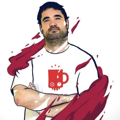 Ilustración de Alberto Blanco con los brazos cruzados y una camiseta con el logo de Cosmic Works