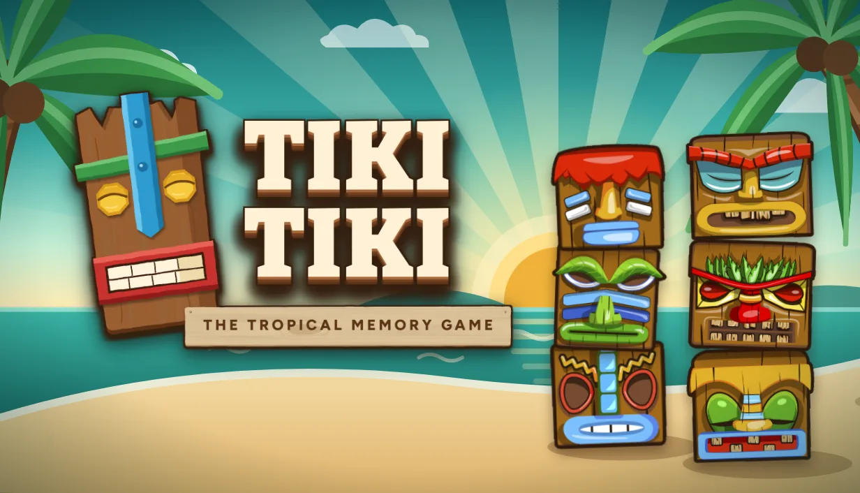 Portada de Tiki Tiki: The Tropical Memory Game, con tótems tiki en una playa